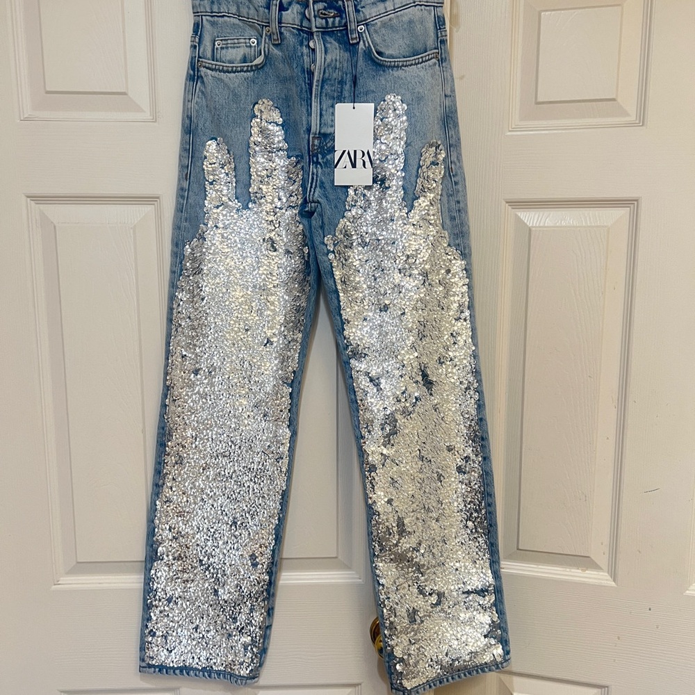 ZARA COLLECTION silver SEQUIN blue JEANS women size 0 /406/42 6840/255/406/42